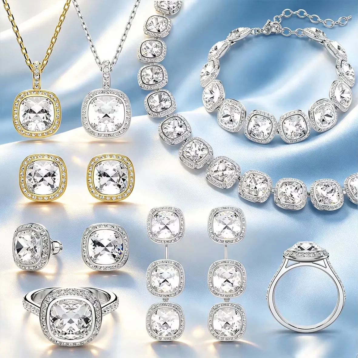 Classic Luxury Cushion Cut Halo Cubic Zirconia Jewelry Set,Necklace Bracelet Earrings Ring,Wedding Party Jewelry for Women