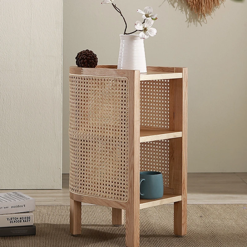 Japanese Bedside Table Rattan Woven Wood Bedroom Furniture Double-layer Structure Nightstand Table Versatile Scene Side Table