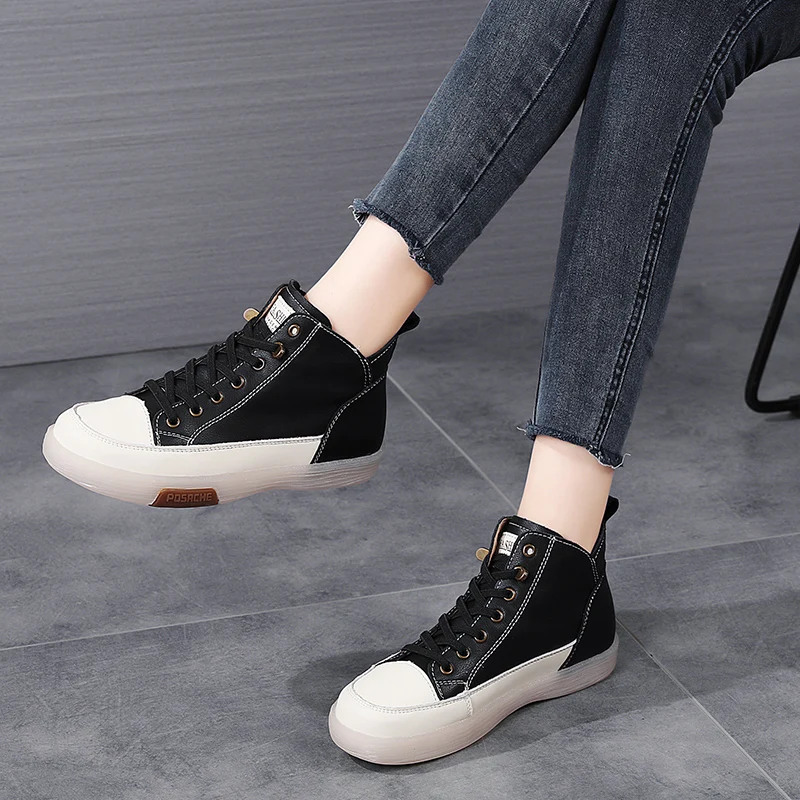 Women Genuine Leather Sneakers Spring High-top Casual Shoes Autumn First Layer Cowhide Ladies High Top Vulcanized Shoes Trainers