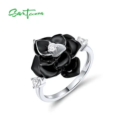 SANTUZZA Pure 925 Sterling Silver Ring For Women Sparkling White CZ Black Flower Retro Style Enamel Elegant Party Fine Jewelry