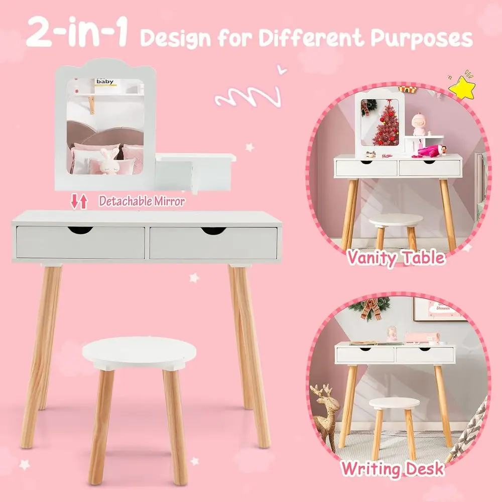 Kids Vanity Set, Girls Vanity Set with Mirror and Stool, 2 Large Ders, Storage Shel, Wooden PrincMakeup Dring Table, Pretend Pla