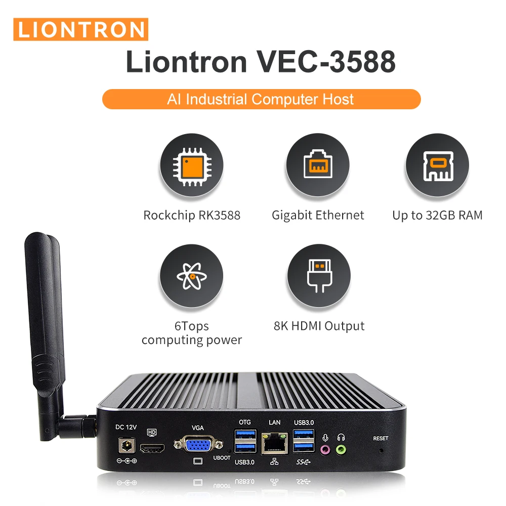 Liontron Fanless Mini PC, Powerful Industrial PC, RK3588 Octa Core CPU, 32GB RAM, 6Tops NPU, 8K HDMI+VGA,Android 12 Linux