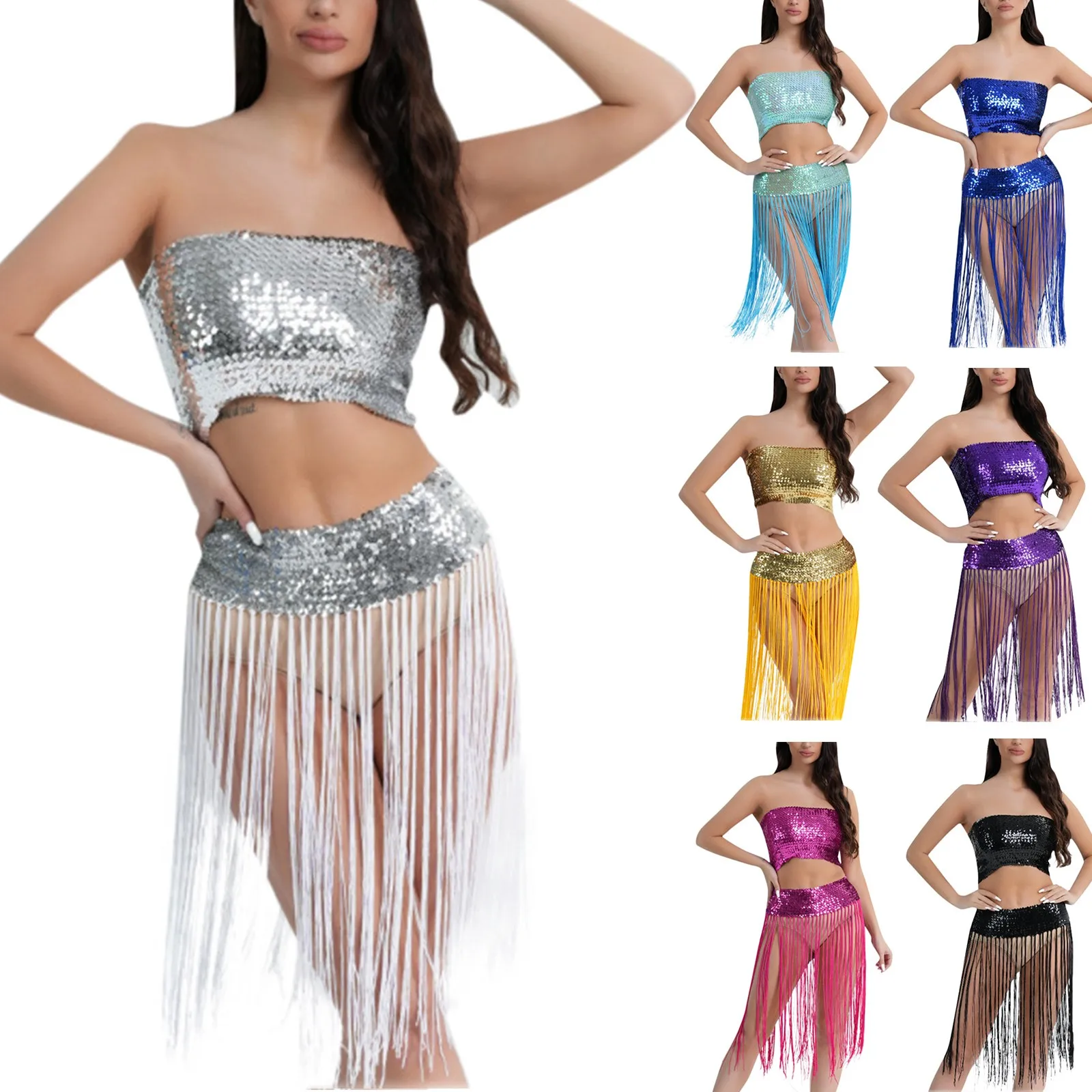 

Sexy Sequin Skirt Set New Dance Performance Costume Party Sexy Bra Tops And Tassels Dance Skirt Female 2 Pieces Set Clothing