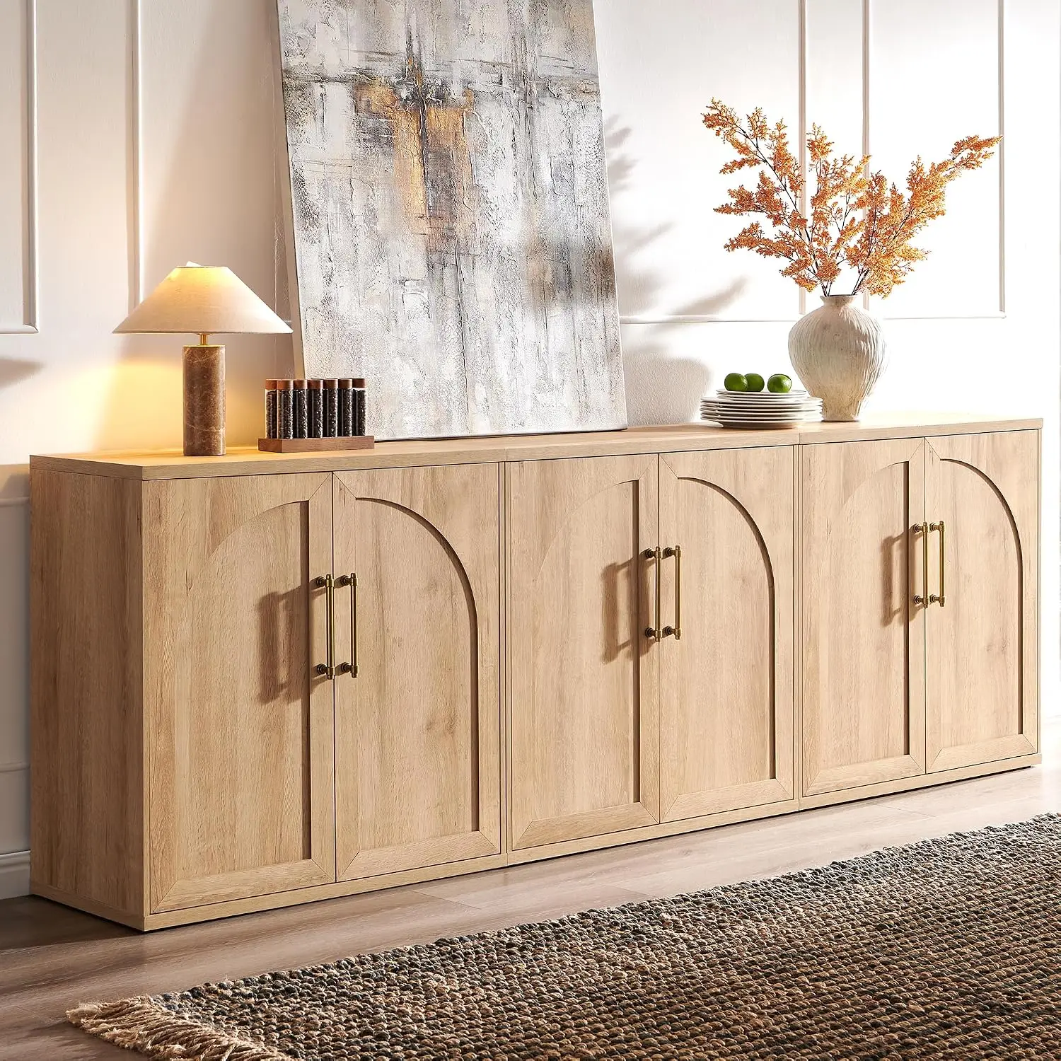 Arched Door Sideboard Set of 3, Oak Modular Storage with Adjustable Shelf, Freestanding Dining & Living Room, Customized