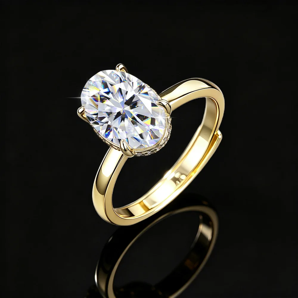 4.5 Carat Oval Moissanite Open Ring for Women, S925 Sterling Silver Gold Plated Adjustable Wedding Band Jewelry Gift