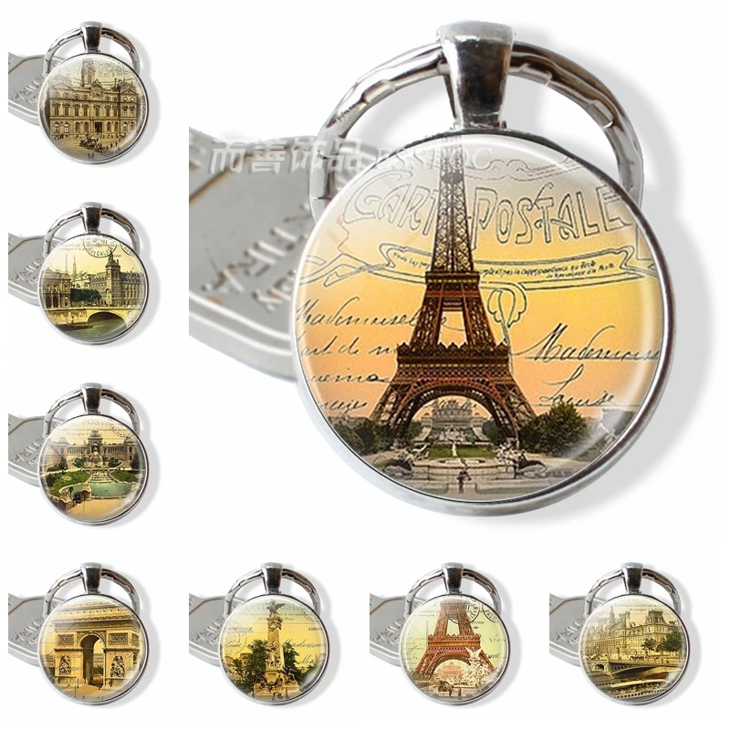 Places of Interest Retro Photo Glass Cabochon Raised Yard Eiffel Tower Keychain Art Paris, Our Lady 's Pendant Jewelry Gift