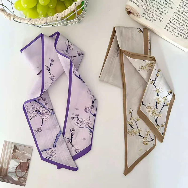 2026 New Arrival Women Plum Blossom Print Skinny Satin Scarf Elegant Hair Bandana Neck Scarves Bag Handle Ribbon Spring Summer image 4