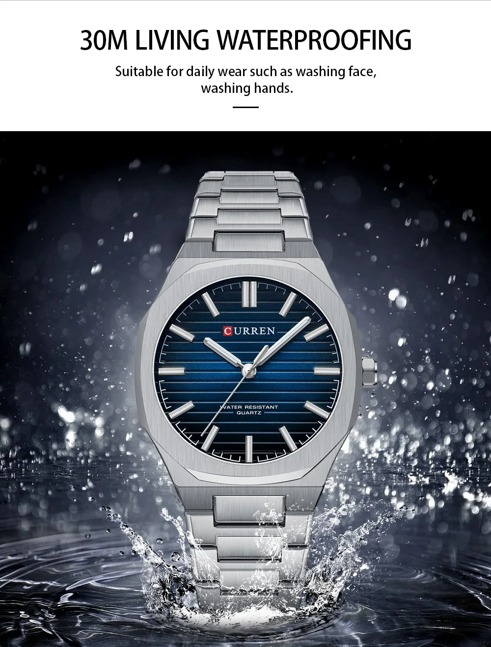 CURREN Minimalistische Herrenuhr mit Edelstahlarmband und Leuchtzeigern, klassische Business-Quarz-Armbanduhr für Männer – Detail 3