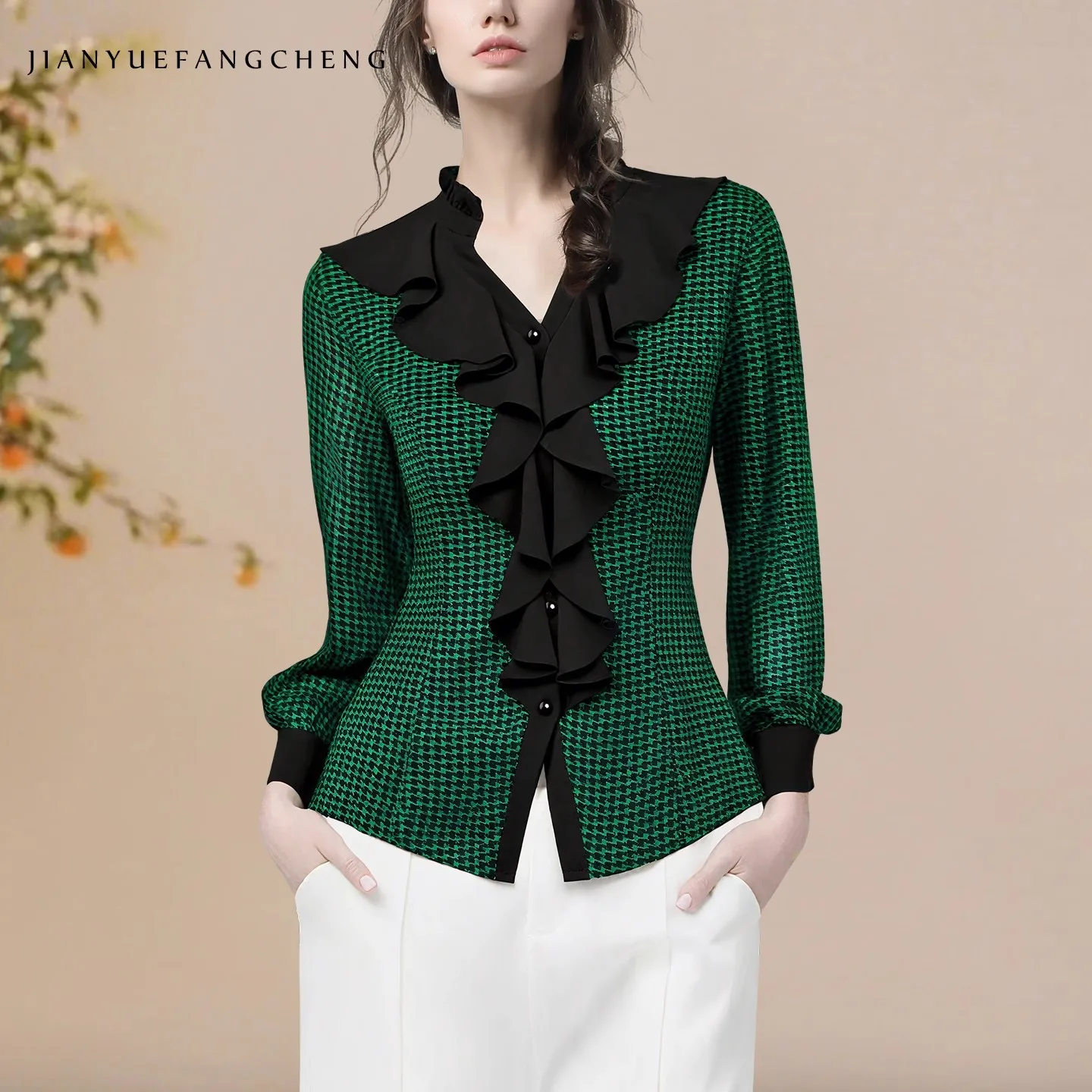 

Women' Long Sleeve V-Neck Ruffled Green Plaid Shirt Elegant Slim Button-down Tops Vintage Casual Work Office Blouses