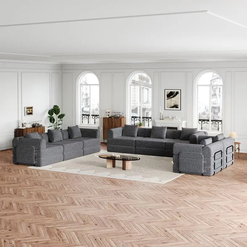 أريكة سرير شانيل قابلة للتحويل مكونة من 8 مقاعد مع جيوب تخزين جانبية، تصميم قابل للطي لغرفة المعيشة وغرفة النوم والدراسة، سجادة