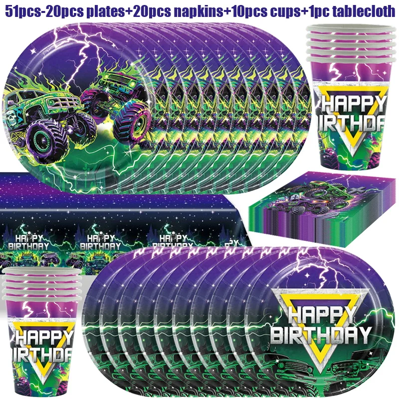 Monster Truck Geburtstagsdekorationen Geschirr Teller Tasse Geschenk Monster Truck Geburtstag Partyzubehör Ballon Hintergrund Party Setup – Detail 1