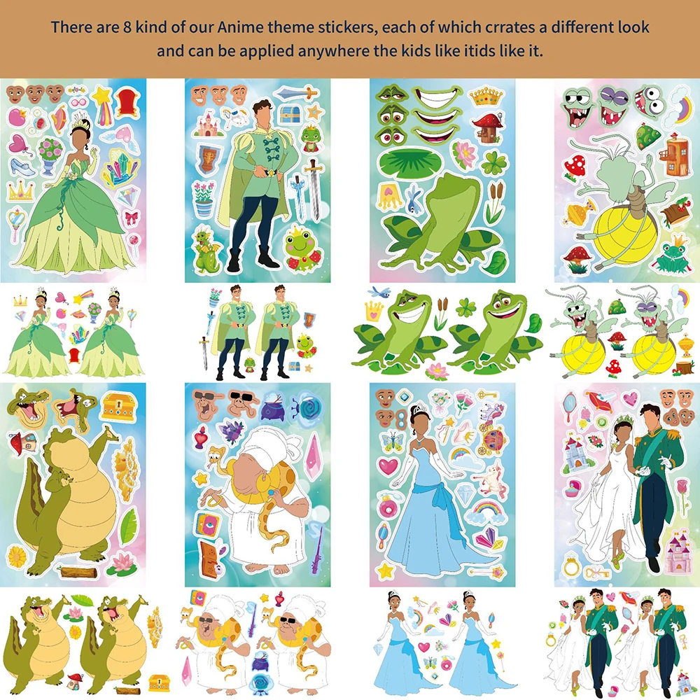 8/16 fogli Disney Tiana Princess Make a Face Puzzle Stickers The Princess and the Frog Kids Game divertente assemblare Jigsaw Toys Gift