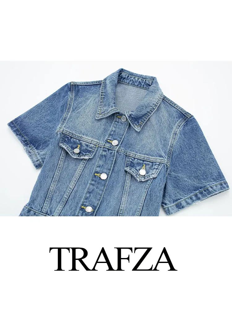 TRAFZA Summer Dresses Woman 2023 Blue Turn-Down Collar Multi-Pocket Short Sleeve Single Breasted Female Chic Denim Dresses