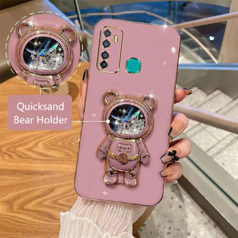 Phone Case For Infinix Hot 9 Pro Soft Silicone Luxury Plating Cartoon Bear Fold Stand Phone Case Cover