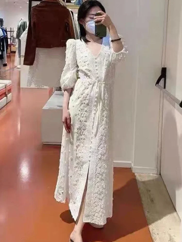 Gypsylady Elegant Chic Embroidery Maxi Dress White Applique Holiday Dresses Women Puff Sleeve Hollow Out 2XL Vintage Long Dress