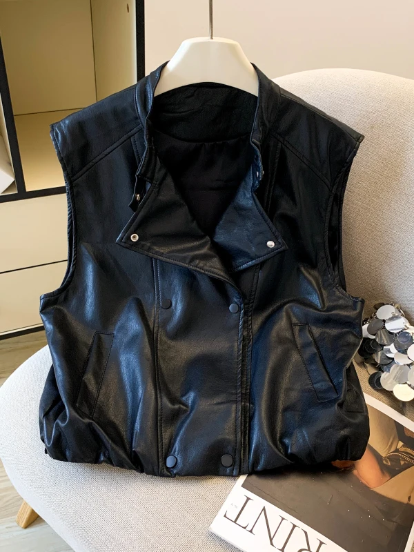 Fashionable Biker Style Short PU Leather Vest Women's Spring Autumn Versatile Layering Double Row Button Shoulder Jacket