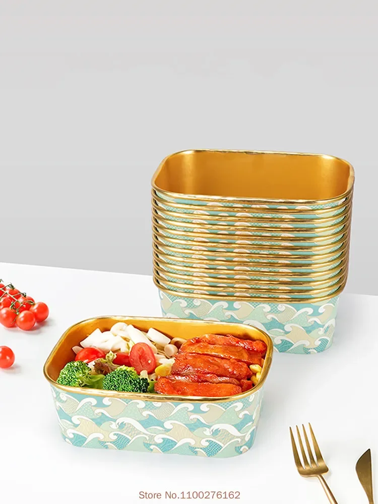 50pcs/pack Disposable Square Paper Bowl Wave Style Gold Foil Soup Bowl  Takeaway Box Packaging Bowl Insulation