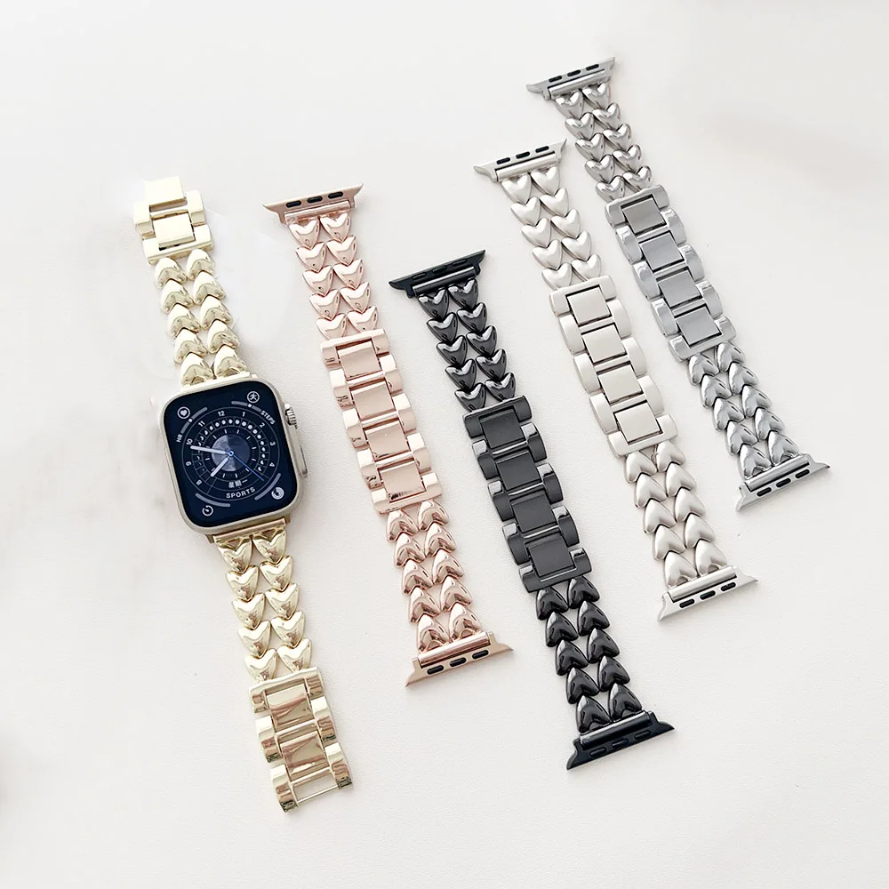 Metal Wristband For Apple Watch Ultra Band 49mm iWatch Series 8 7 6 5 SE 44mm 40mm Strap 41mm 45mm for Women Love heart Bracelet