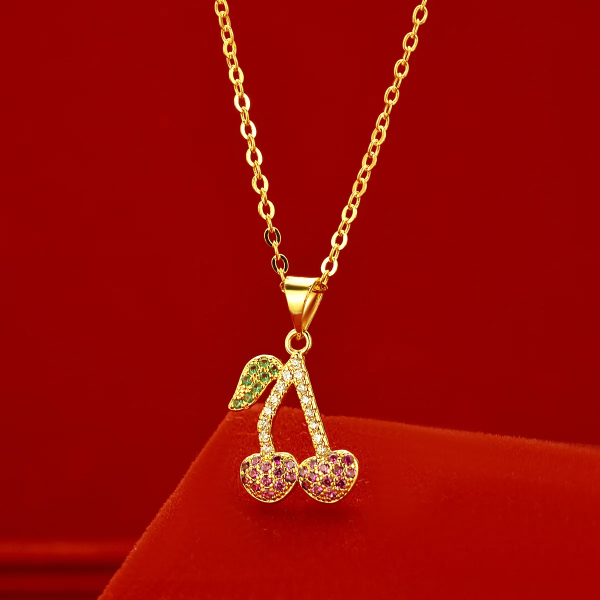 

AU999 gold red cherry necklace ladies light luxury sweet 24K pure gold pendant clavicle chain temperament necklace