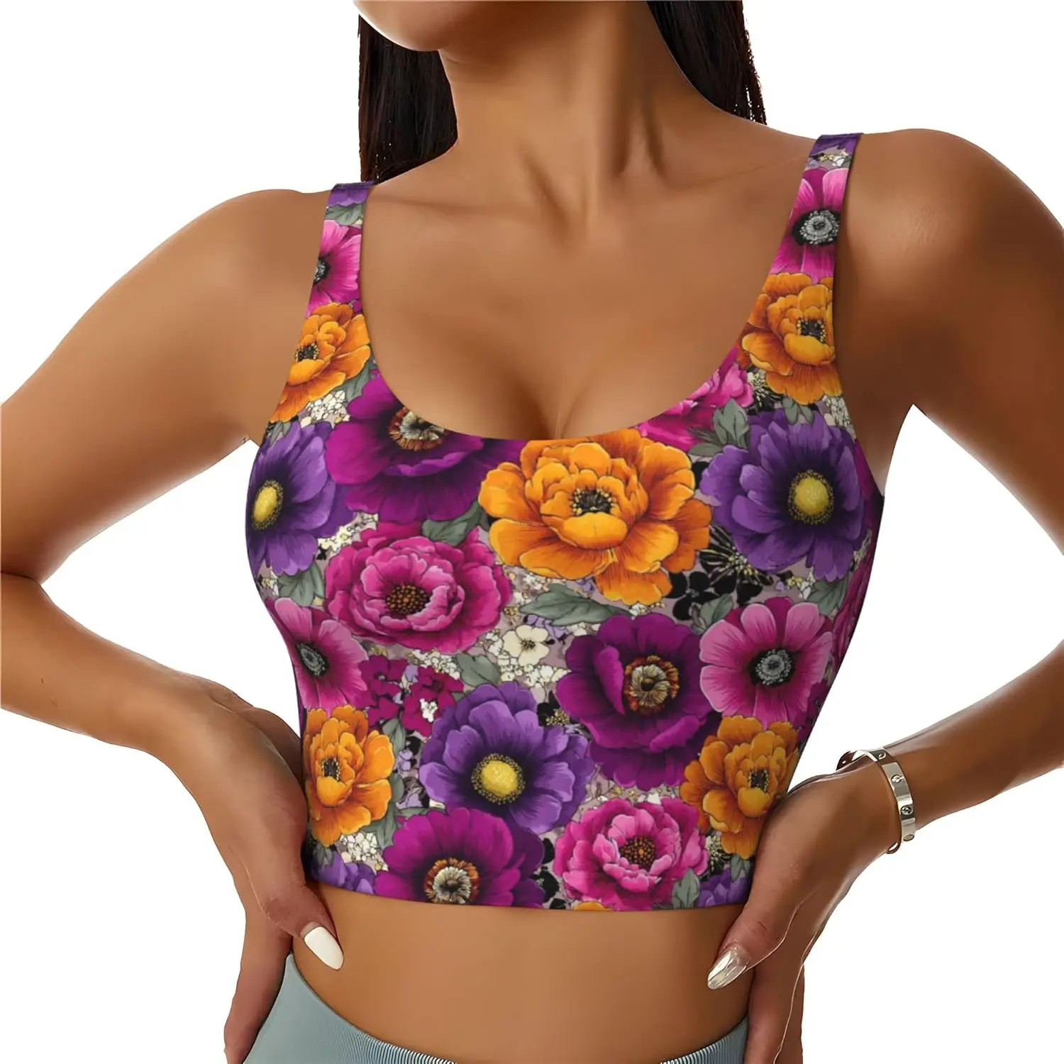 Retro Florals Purple 4 Pattern Womens Sports Bras Yoga Workout Crop Top with Removable Pads