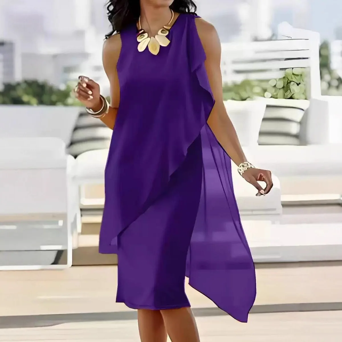 Damenkleider 2026 Sommermode Elegantes Unregelmäßiges Chiffon-Kleid Ärmellos Rundhals Knielang Damenkleidung Vestidos