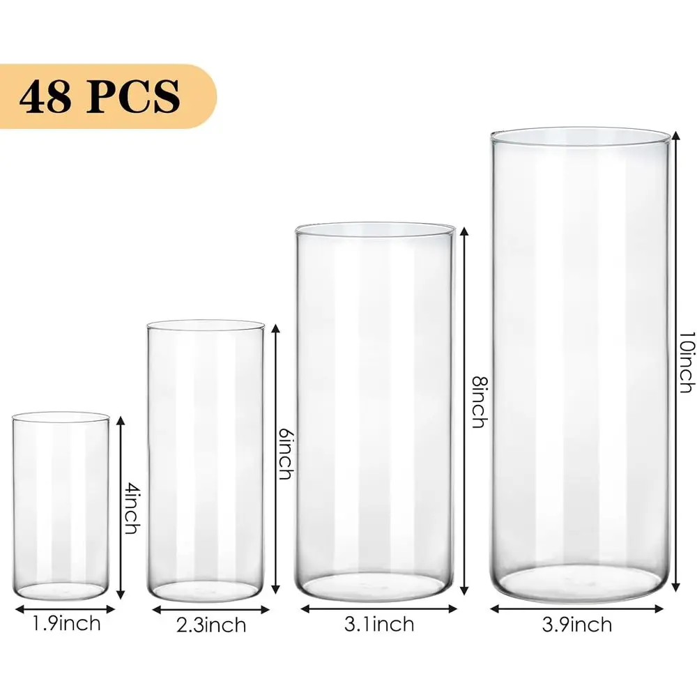48pcs Clear Glass Cylinder Vases, 4, 6, 8, 10 Inch Tall Cylinder Vases or Centerpieces, Glass lower Vase, loating Candle Holder