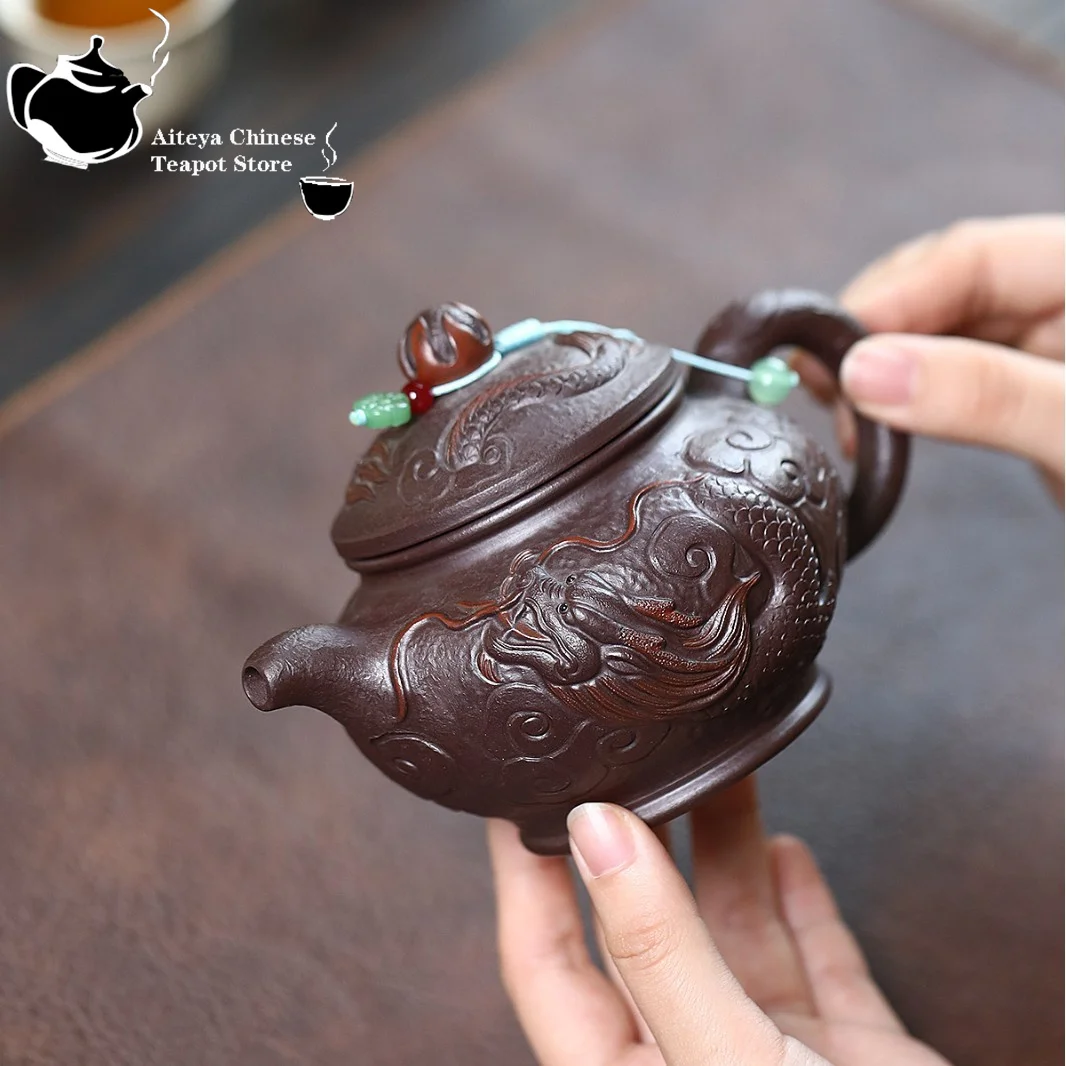 Chinese Teapot Yixing Purple Clay Teapot, Original Ore, Purple Mud, Auspicious Dragon Playing with Pearls, Tea Set