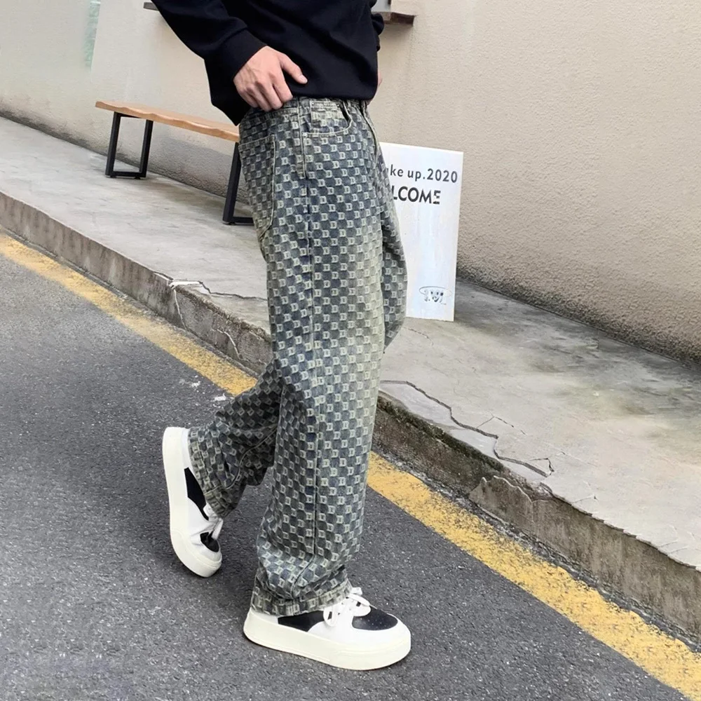 だぶだぶのジーンズメンズジャカードストレートジーンズヴィンテージアメリカンスタイルハイストリートヒップホップファッションカジュアル 2025 夏の新男性ボトムス