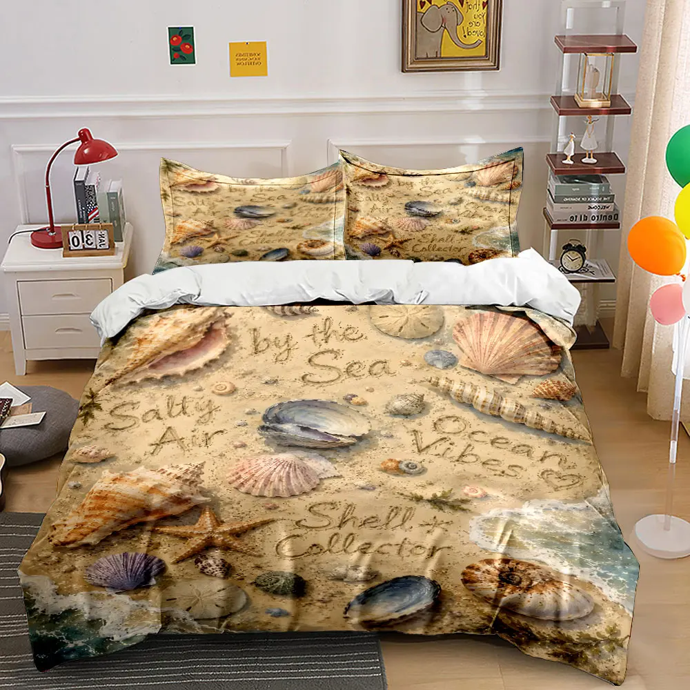 Seashells and Handwritten Words Printed Duvet Cover Set 1 Duvet Cover+2 Pillowcase Multi Size Bedroom Bedding Decoration