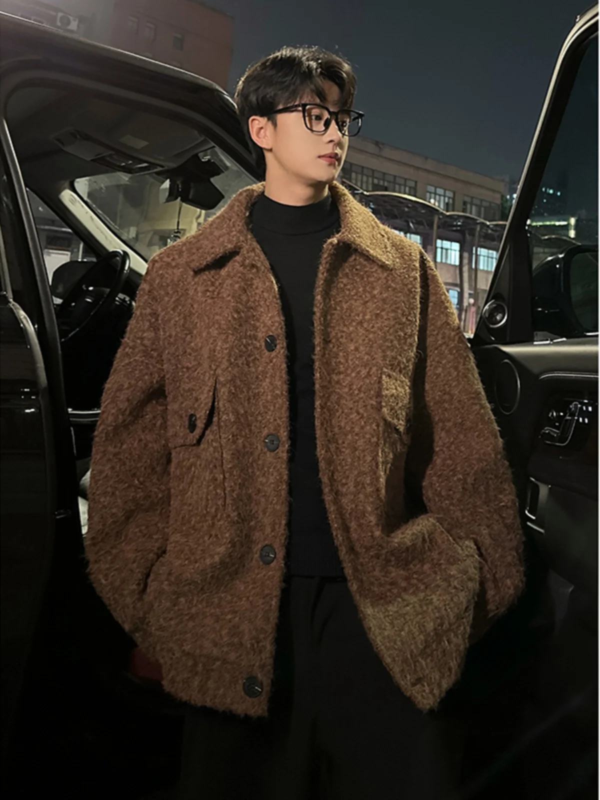 

Brown ort Woolen Jaet Men's Autumn Winter American Retro Small Fraance Sle Coat Casual Warm Long Sve Flip Collar