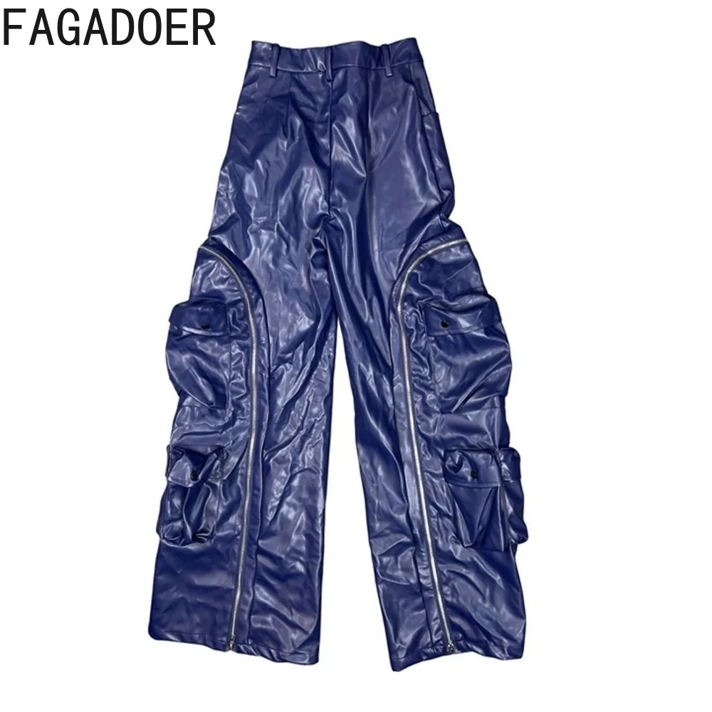FAGADOER Fashion Leather Patchwork Bodycon Pants for Woman Solid Color Zipper Pocket Skiny Pants Female Streetwear Bottoms New
