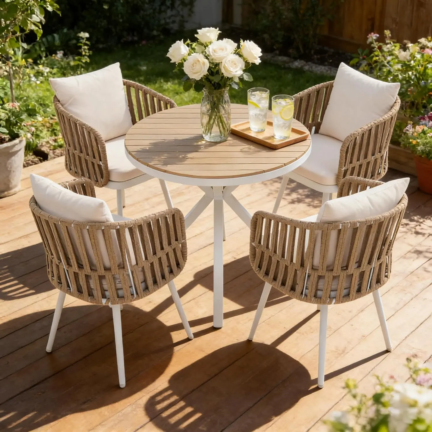 5 Piece Round Patio Dining Set w/Acacia Wood Top Table and 4 Woven Rope Patio Chairs w/Cushions for Backard, Garden, White
