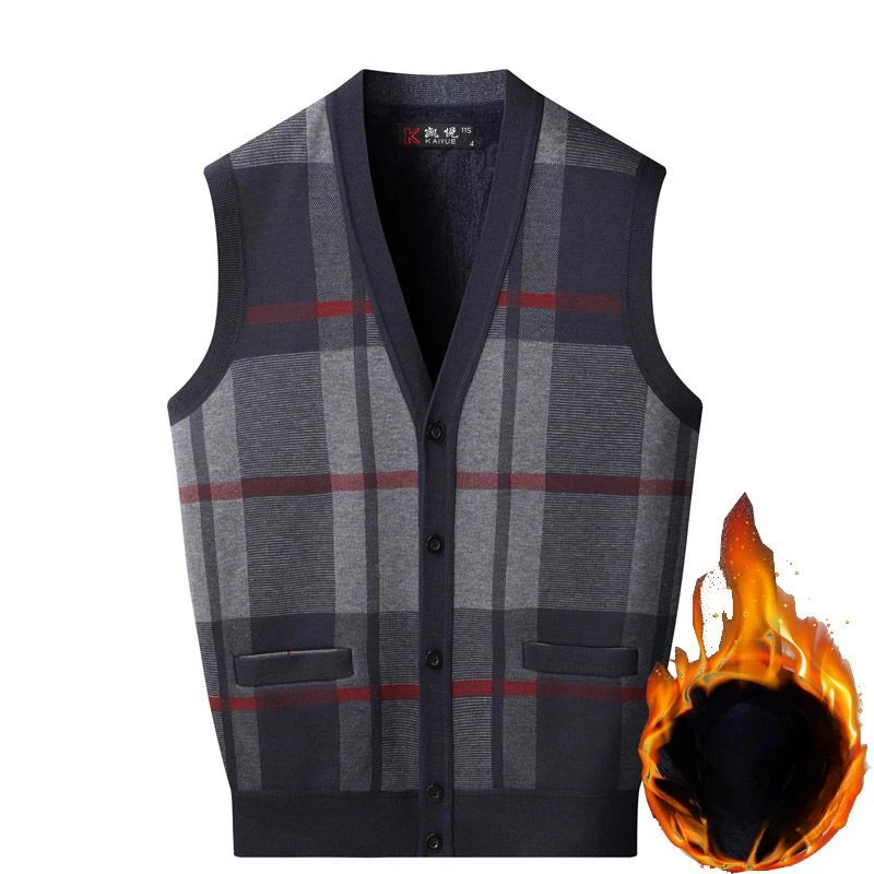 

2024 Autumn Winter Men New V Neck Knit Cardigan Vest Male Casual Sweater Sleeveless Coats Men's Plaid Warm Waistcoat D671