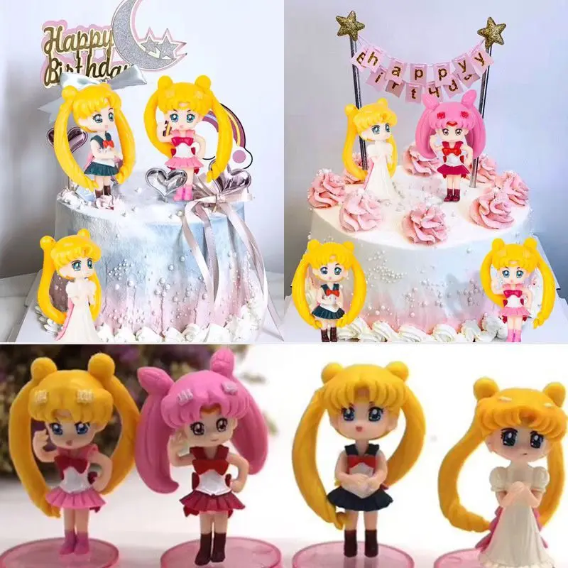 4pcs/Set Sailor Moon Cartoon Anime Figure Kawai Doll PVC Figurine Kids Birthday Cake Decoration Gift Children's Girls Toy