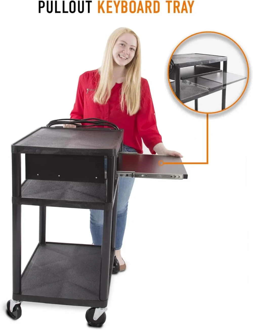 Plastic AV Cart with Keyboard Tray, Mobile Workstation with Storage For Offices Schools, Rolling 4 Casters, 2 Locking Brakes