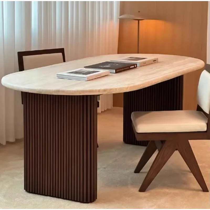 Nordic Urban Style Home Furniture Solid Wood Dining Table Travertine Top Table for Kitchen Restaurant Dining Room