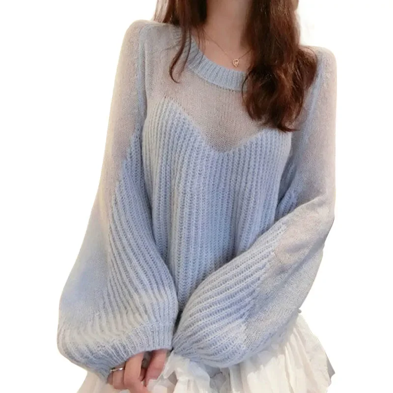 Autumn and Winter New Elegant Loose Thin Lantern Sleeve Sweater Fairy Soft Pullover Female Kawaii Sweater Sexy Perspective Pink