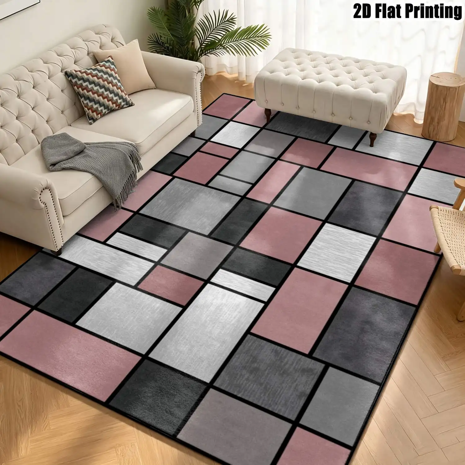 1Pc 2D Printed Pink & Grey Geometric Square Carpet, Modern Simple Nordic/Instagram Style, Machine Washable, Multi-Size, Home Decor, Multi-Scene Use