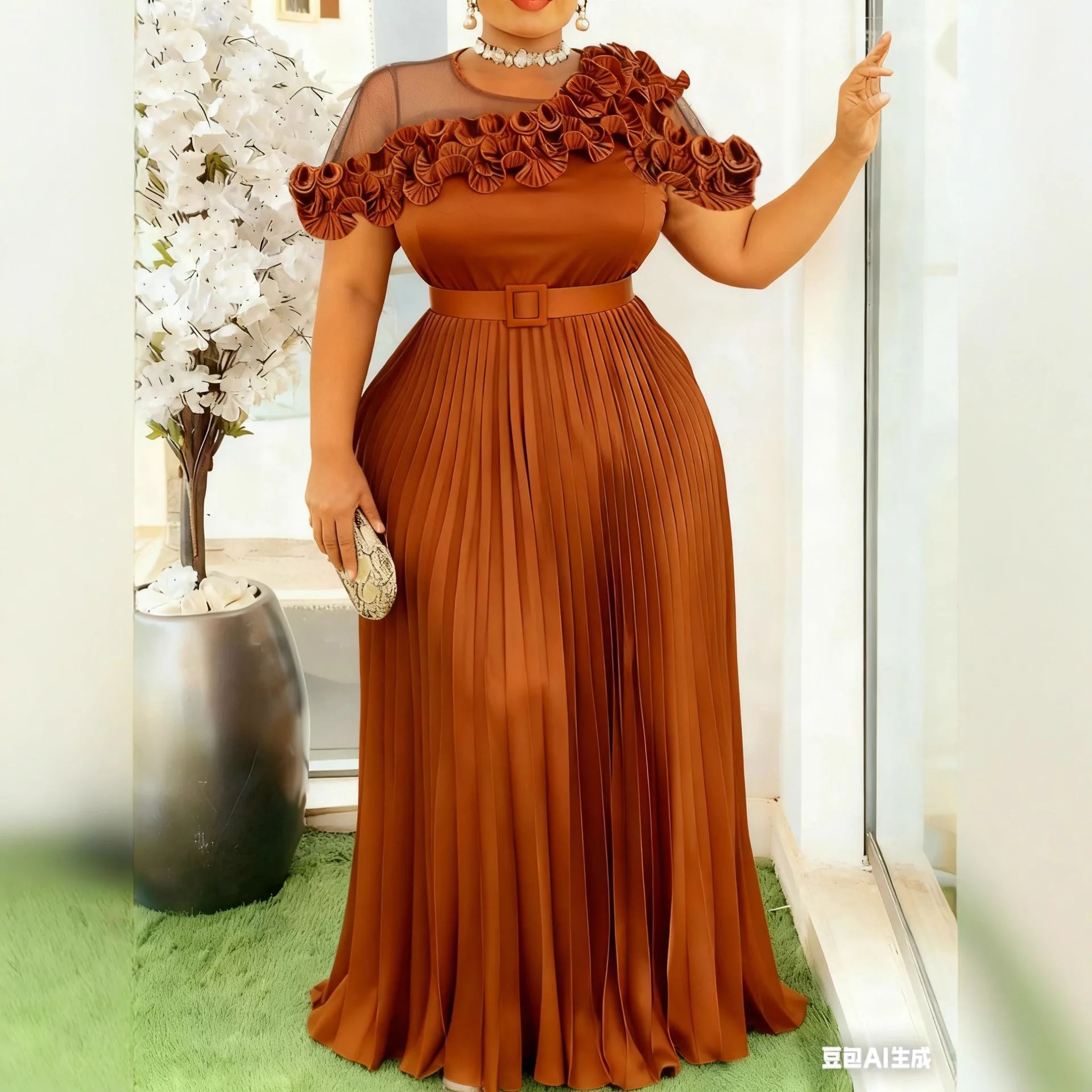 

Plus Size Women's Mesh Patchwork Ruffle Dress Waist-cinching Pleated Long Dress High-end Feel Banquet Gown Elegantes Casual Y2k