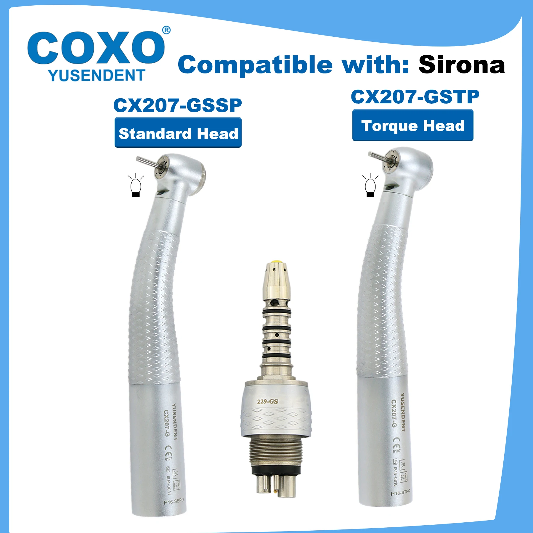 COXO Dental High Speed Handpiece Fiber Optic High Speed Turbines Air Rotor Standard/Torque Head LED Coupler 6 Pin Fit Sirona