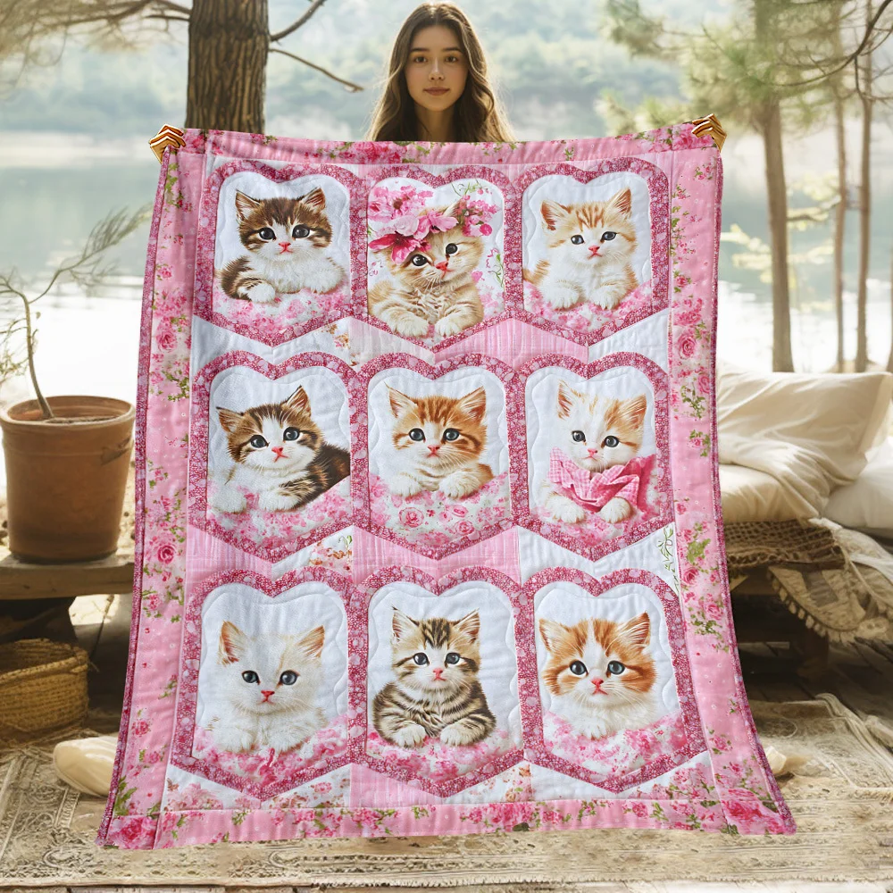 Pink Floral Kitten Blanket Heart Frame Cute Baby Cat Patchwork Flannel Throw Blanket Sweet Cat Themed Home Sofa Cover