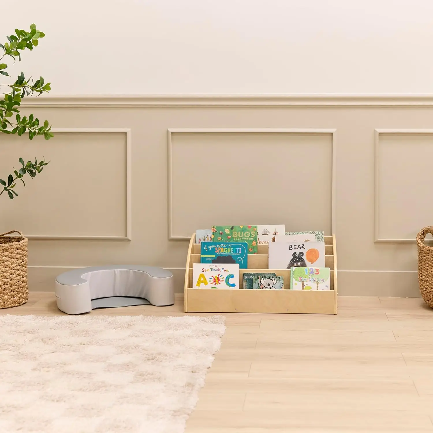 4-Shelf Wooden Toddler Book Display, Natural Finish, Classroom & Home Storage, Customized