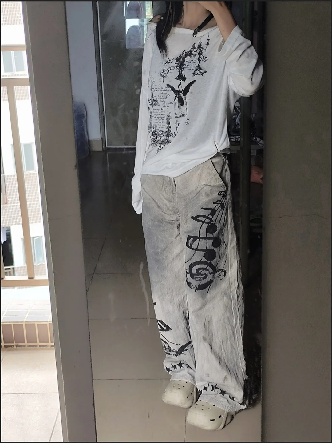 Femmes laver sale teint Vintage jean américain rétro Graffiti Notes de musique imprimé Denim pantalon Streetwear poubelle pantalon