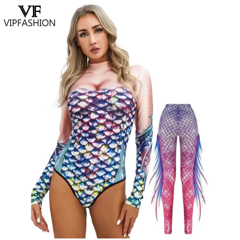 

VIP FASHION Fish Scales Print Mermaid Bodysuit Cosplay Leggings Festival Party Costume Long Sleeves Swimsuit High Waist Tights