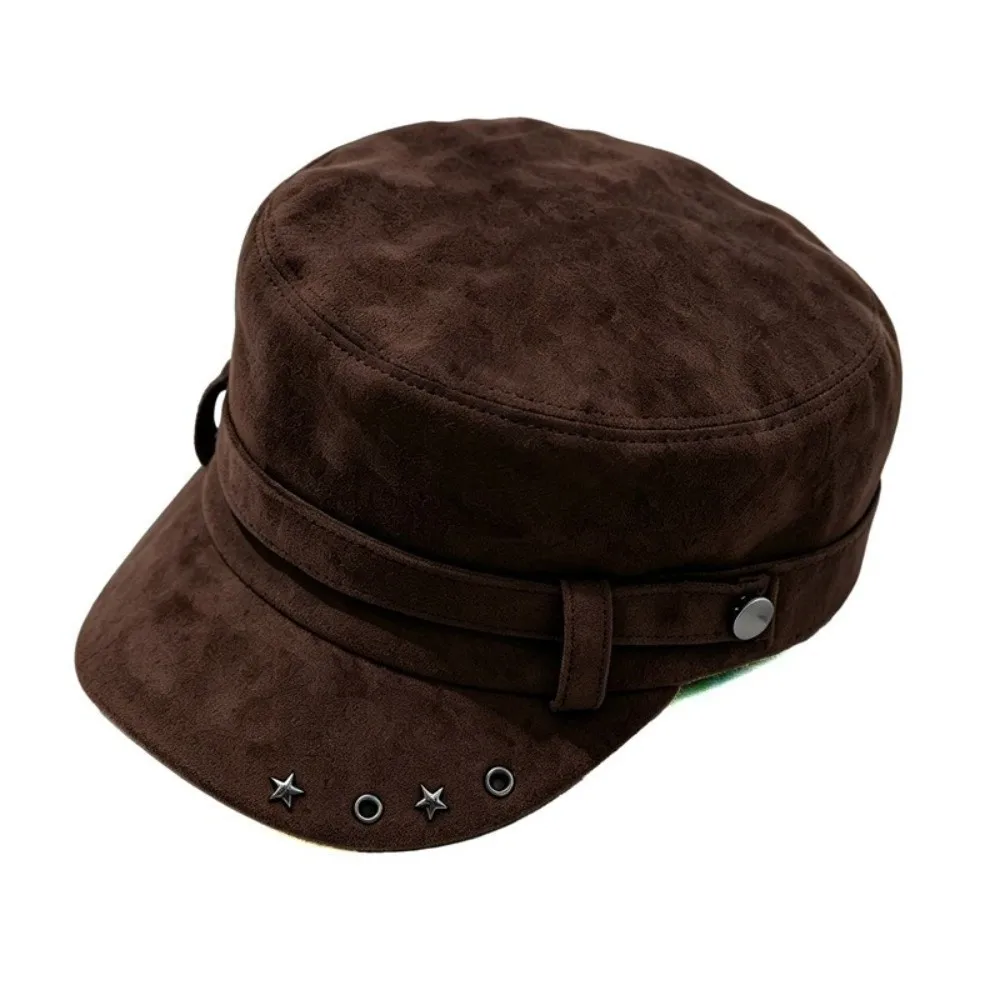 Casual Solid Color Newsboy Peaked Cap Versatile Soft Flat Top Hat Vintage Windproof Metal Rivet Hat Daily