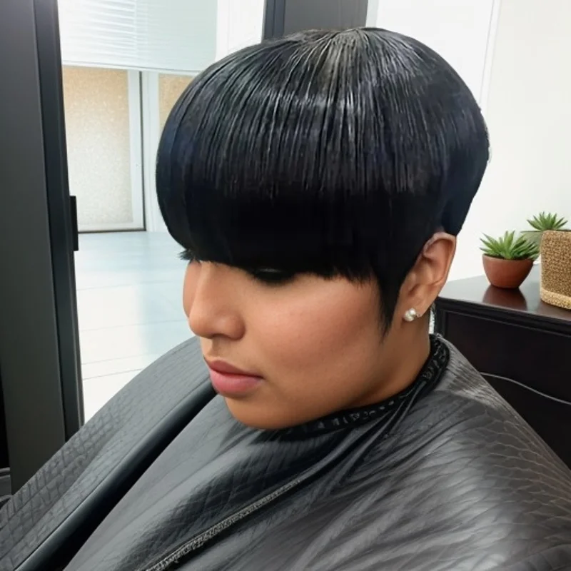 Short pixie Layered Wig with Bangs Natural Straight Full Machine Made Wig