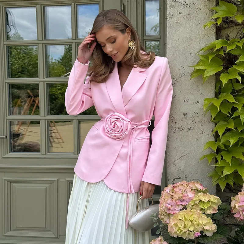 Autumn Women Suit 1 Piece Blazer With Belt 3D Flower Formal Office Lady Jacket Pink White Yellow Wedding Guest Party Bridal Coat