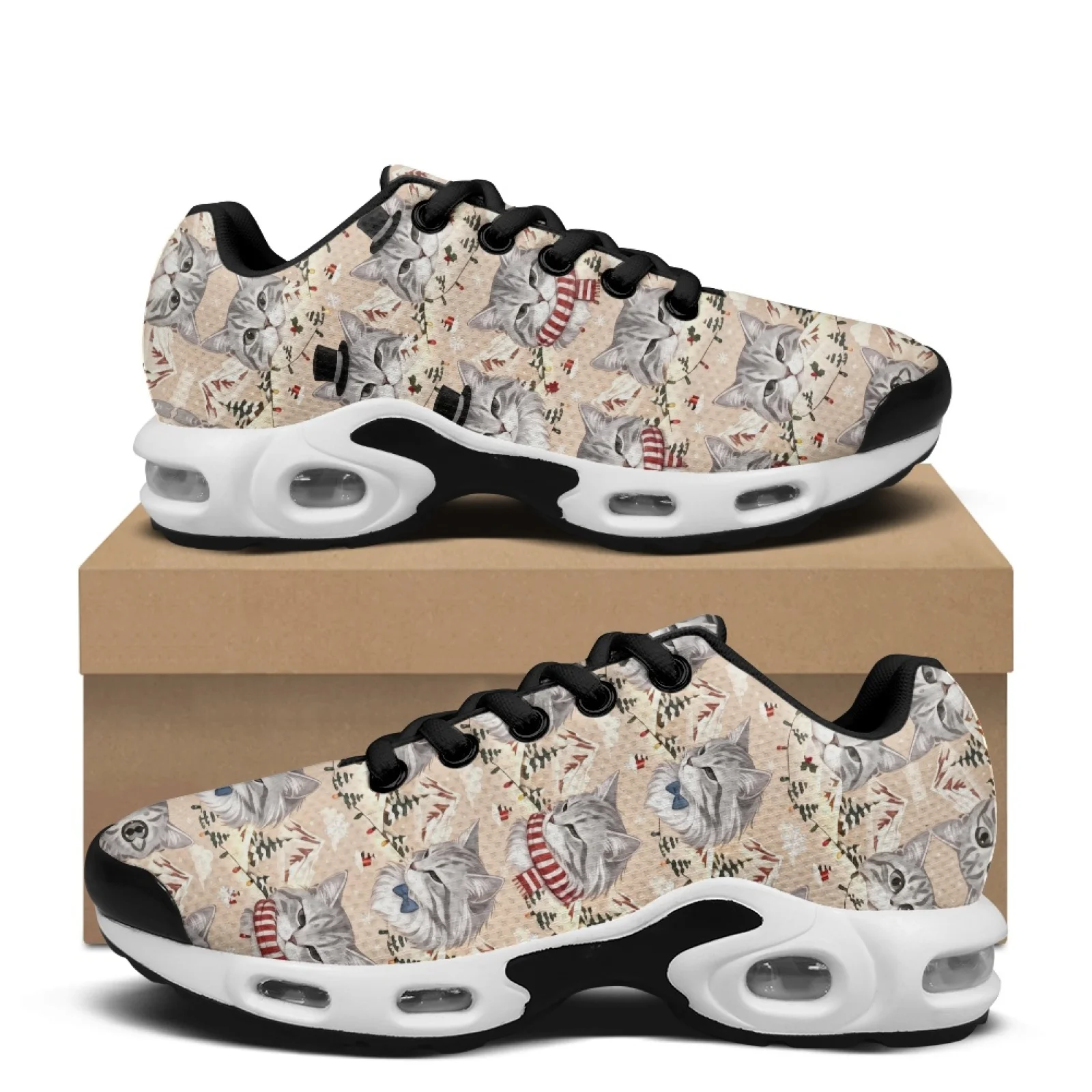 PENSTROLL Christmas Air Cushion Sneakers Featuring Festive Cat Pattern, Non Slip Cross Trainers for Athletic Workout and Daily