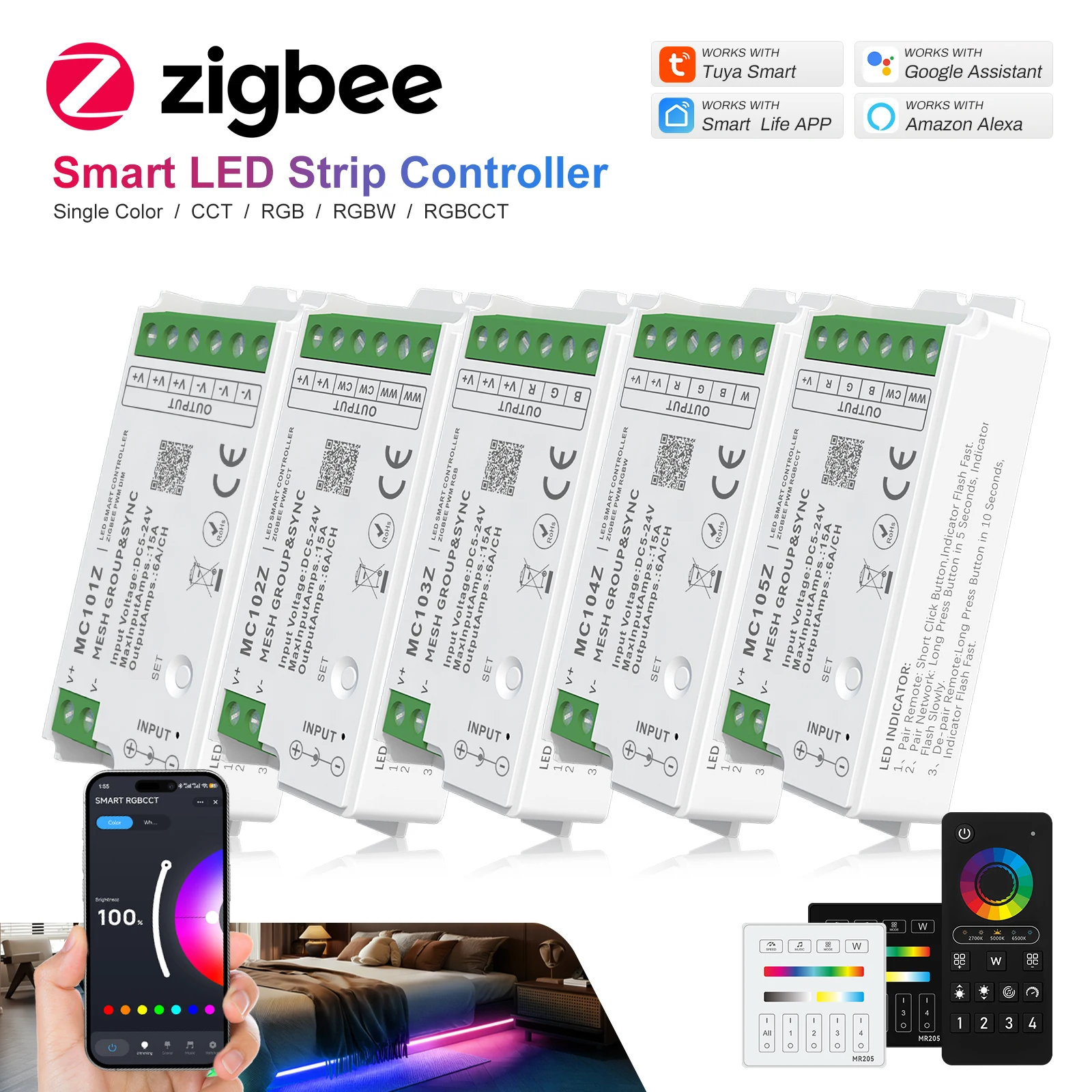 

Контроллер для умной светодиодной ленты Tuya Zigbee, диммер SPI, контроллер для светодиодных лент RGBCCT RGBW, 5-24В, с пультом дистанционного управления для светодиодных лент.