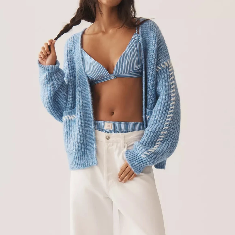 

Combhasaki женский открытый передний вязаный кардиган с карманами Y2k контрастного цвета с длинным рукавом повседневный свитер куртка трикотажные пальто